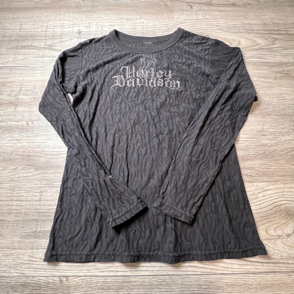 Harley Davidson Shirt Womens L Black Burnout Flame Long Sleeve Daytona 2009